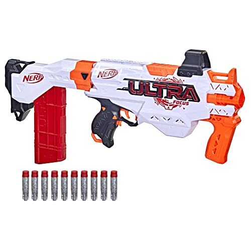 NERF Ultra Focus Blaster, 10 AccuStrike Ultra Darts, Clip-magazijn, schoudersteun, alleen compatibel met Ultra Darts