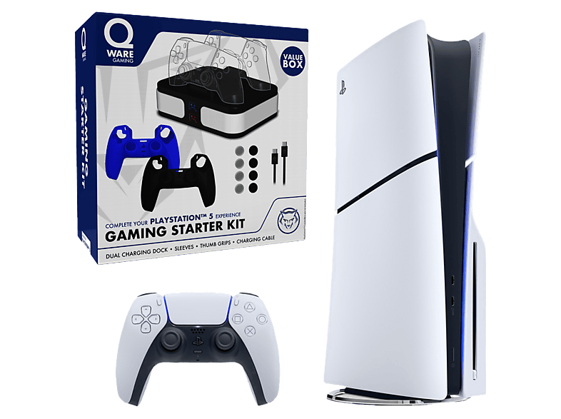 Sony Playstation 5 Spelconsole - Disc Edition Slim Version 1 Tb + Qware PS5 Gaming Starter Kit Gaming Bundel