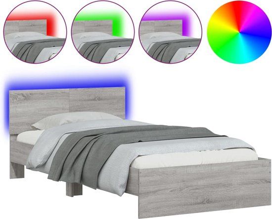 vidaXL Bedframe met hoofdbord en LED grijs sonoma eiken 100x200 cm