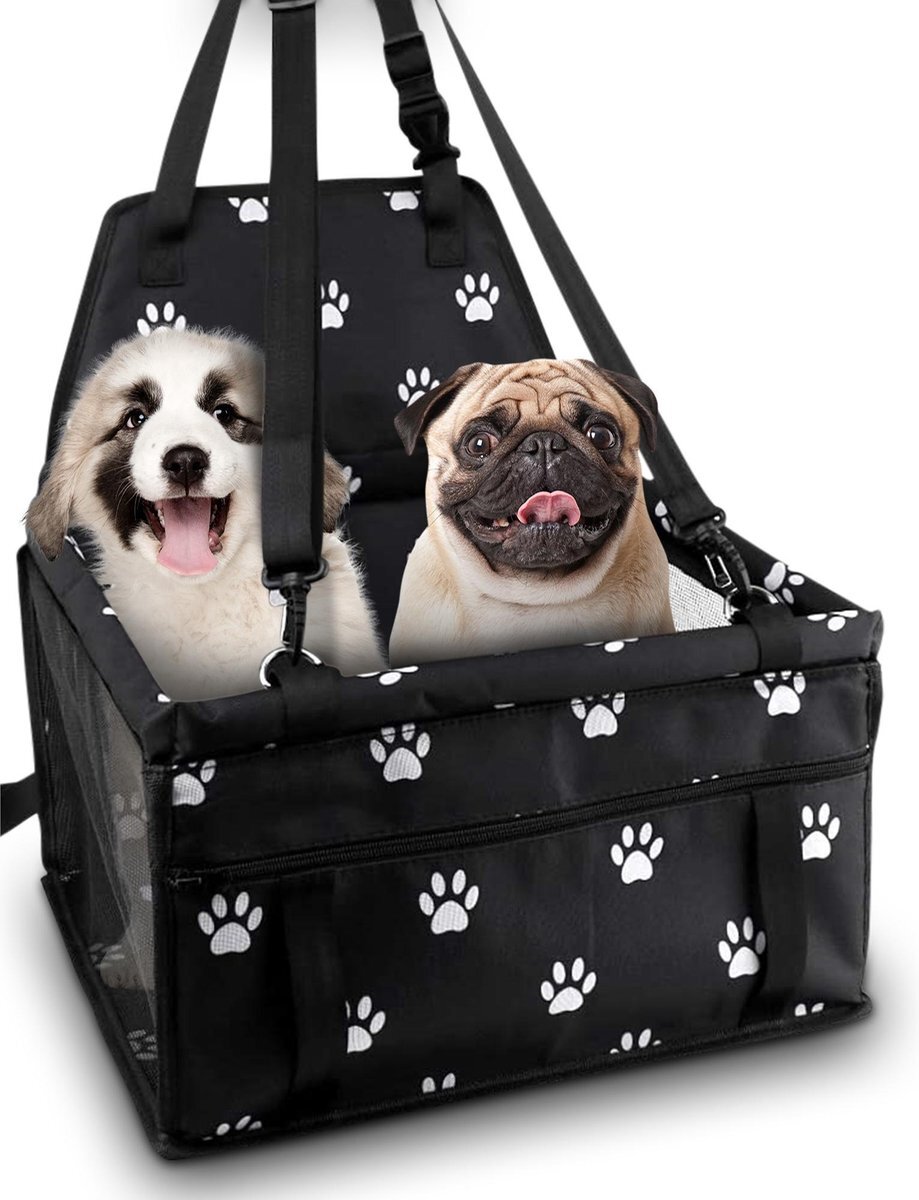 KCMultisupplies Opvouwbare Autostoel voor Hond - Hondenmand met Hondentuig - Autozitje - Autobench - Hondenstoel - Reisbench zwart met wit