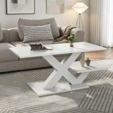 MODFU Rechthoekige salontafel, wit, glanzende woonkamertafel, bijzettafel met dubbel werkblad en X-frame, salontafel van MDF, 100x48x45 cm