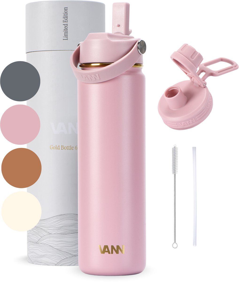 VANN® RVS Drinkfles 650 ML met rietje voor volwassenen – 3-Wandig – Met 2 doppen – Thermosfles – 12 uur warm/24 uur koud – Cadeau voor man en vrouw – VANN Gold Botte Pink