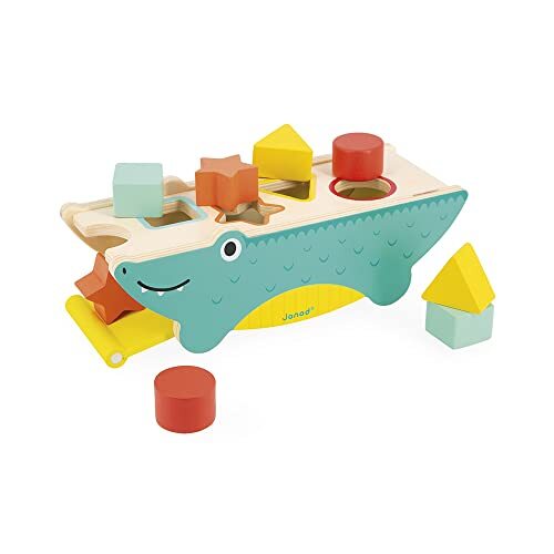 Janod - Opbergdoos in krokodillenvorm – educatief speelgoed van hout – educatief speelgoed in vormen en kleuren – 8 vormen om in te steken – FSC-gecertificeerd – verf op water – vanaf 1 jaar, J08267