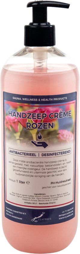 Claudius Cosmetics B.V. Handzeep Crème Rozen 1 liter - met gratis pomp