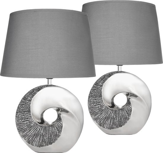 BRUBAKER Set van 2 tafel- of bedlampjes zilveren stenen ring - moderne tafellampen met keramische voet - 42,5 cm hoog, chroom grijs