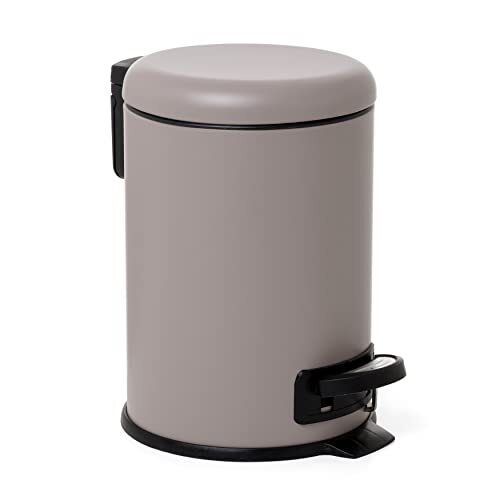 tatay Afvalemmer voor badkamer met pedaal van roestvrij staal, inhoud 3 liter, uitneembaar, sluiting met gevoerde uitvoering, BPA-vrij, taupe, afmetingen 17,5 x 22,5 x 25 cm