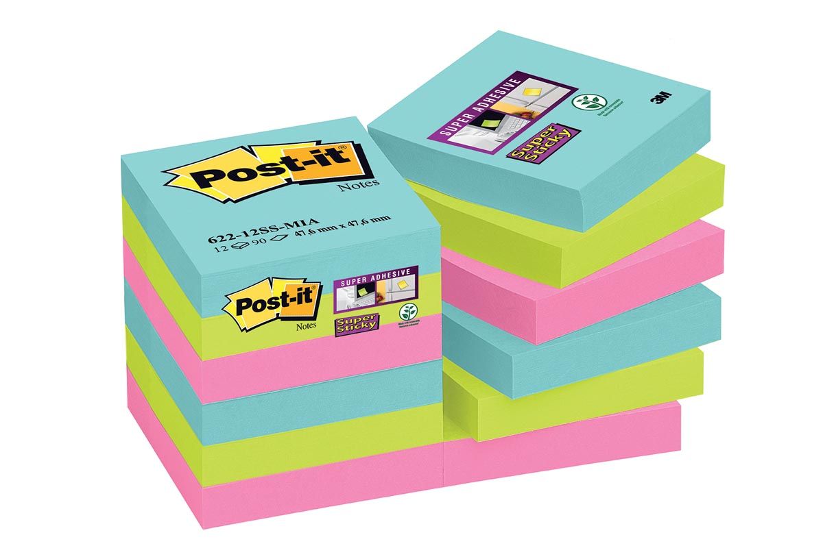 Post-it Super Sticky notes Miami ft 47 6 x 47 6 mm 90 vel pak van 12 blokken