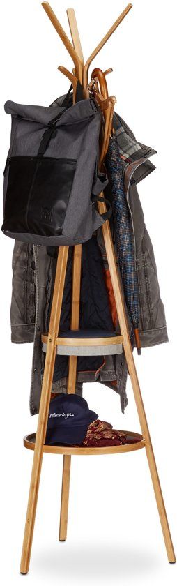 Relaxdays Kapstok met plateau - bamboe kledingrek - vrijstaande garderobe met 6 haken - Lichtbruin