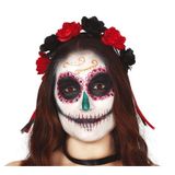Fiestas Guirca Day of the dead Diadeem/tiara met zwarte en rode rozen voor dames - Halloween verkleed accessoires