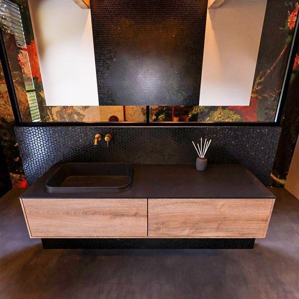 Mondiaz ERIN 150cm badmeubelset onderkast Washed oak met 2 lades Wastafel RIDGE links zonder kraangaten Urban ERIN11451