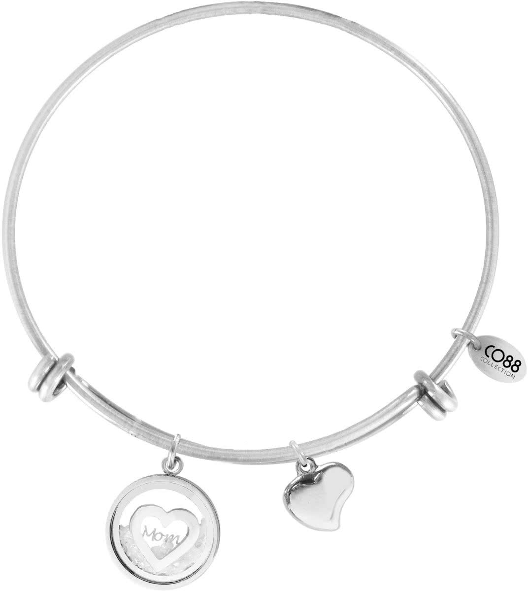 CO88 Collection 8CB-90013 - Stalen bangle met bedels - hart en mom met zirkonia in glas - one-size - zilverkleurig