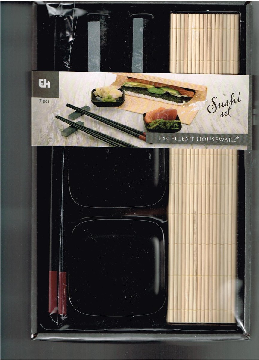 Excellent houseware 7 delig sushi set / 1 placemat/ 2 sets eetstokken/ 2 bakjes /2 blokjes voor de lepels/ zwart of wit