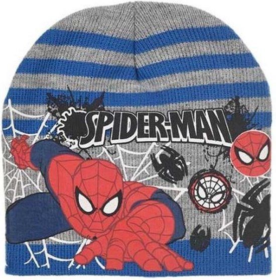 Marvel Spiderman Gestreepte Beanie - Grijs/Blauw - Kinderen - Maat One Size