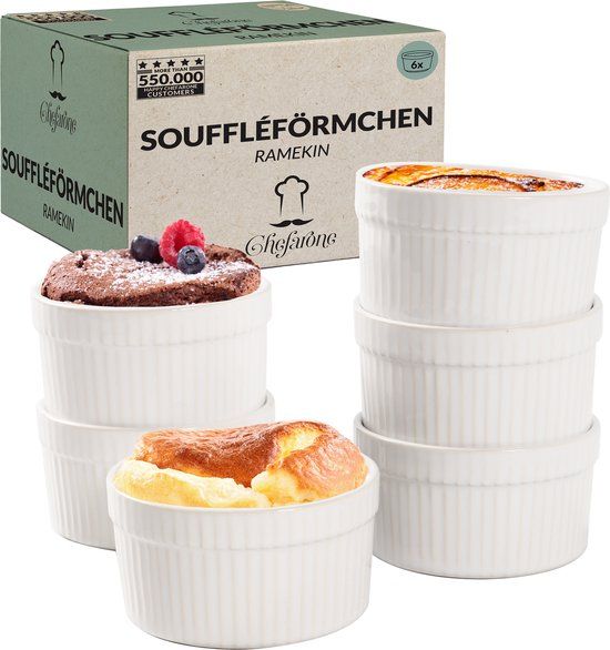 Chefarone Creme Brulee Schaaltjes - 6 Mini Ovenschalen - Ramekin Schaaltjes Keramiek - Souffleschaaltjes 200 ML - Wit