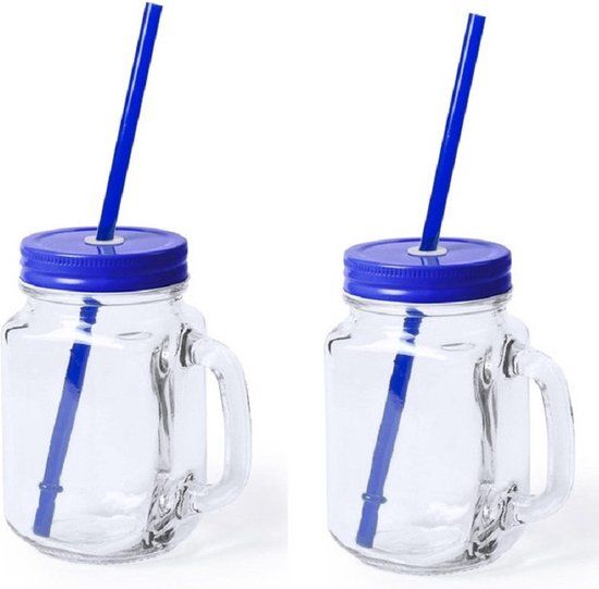 2x Glazen Mason Jar Drinkbekers - Blauw - 500 ml - Met Rietje
