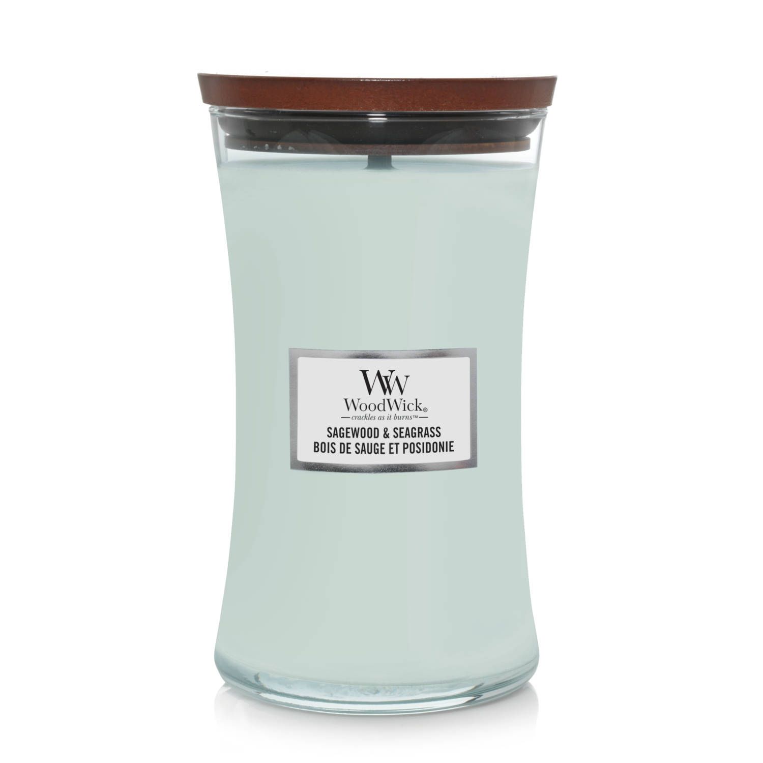 Woodwick Geurkaars Large Sagewood & Seagrass - Blauw