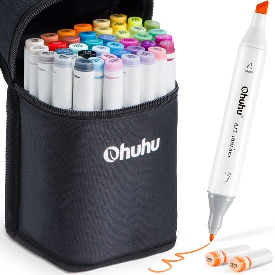 Ohuhu Alcohol based Art markers Fine & chisel - set van 40 + Blender + etui