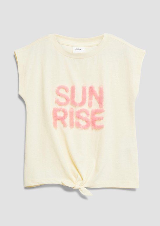 s.Oliver T-shirt lichtgeel katoen korte mouw ronde hals met pailletten en sierstrik voor kinderen maat 116/122
