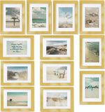 bomoe Ocean Set van 12 Fotolijsten Houten Picture Frames – 12 x 13x18cm – Kunststof glas Fotolijst van Hout - Metalen Ophanging - Standaard & Passepartout - Goud