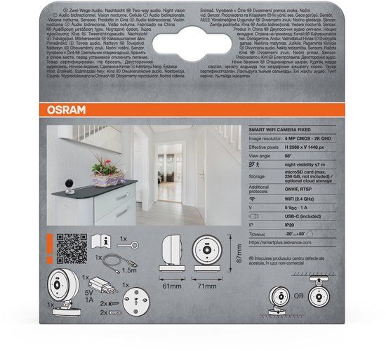 Osram SMART+ WiFi-camera 4MP 2K QHD, nachtzicht tot 7 m, tweerichtingsaudio, microSD 256GB, Alexa-compatibel, binnen wit