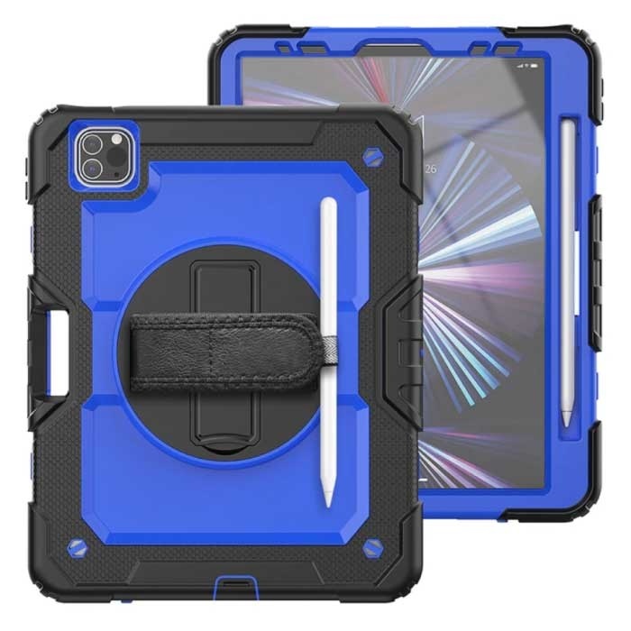 R-JUST Armor Hoesje voor iPad 9 7 met Kickstand / Polsband / Pennenhouder - Heavy Duty Cover Case Donkerblauw