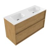 Saniclass Set meuble de salle de bain cadre bois - 120x45x61.5cm - Lavabo Flow Solid Surface blanc - 2 vasques - sans trous de robinetterie - 2 tiroirs - chêne mat naturel (bois) SW1578604/SW1224150