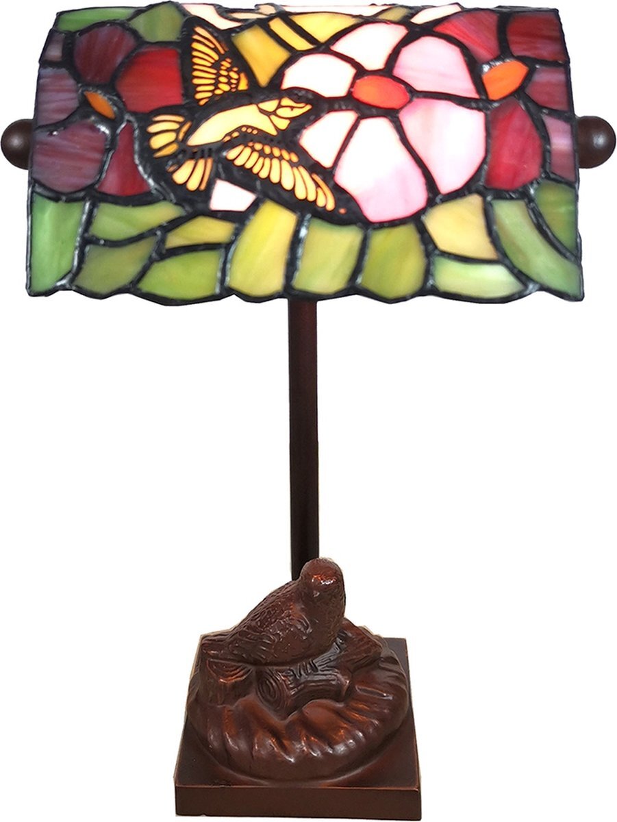 Lumilamp Tiffany Tafellamp 15*15*33 cm E14/max 1*25W Groen Roze Glas in lood Vogel Tiffany Bureaulamp Tiffany Lampen