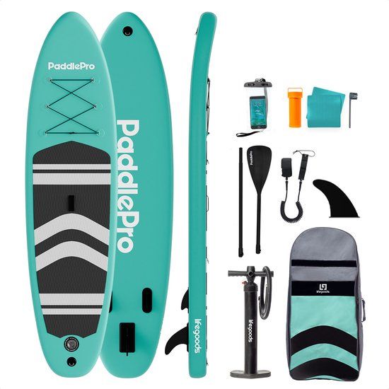 LifeGoods PaddlePro SUP Board - Opblaasbaar Paddle Board - Complete Set - Max. 150KG - 320x81cm - Mintgroen/Zwart