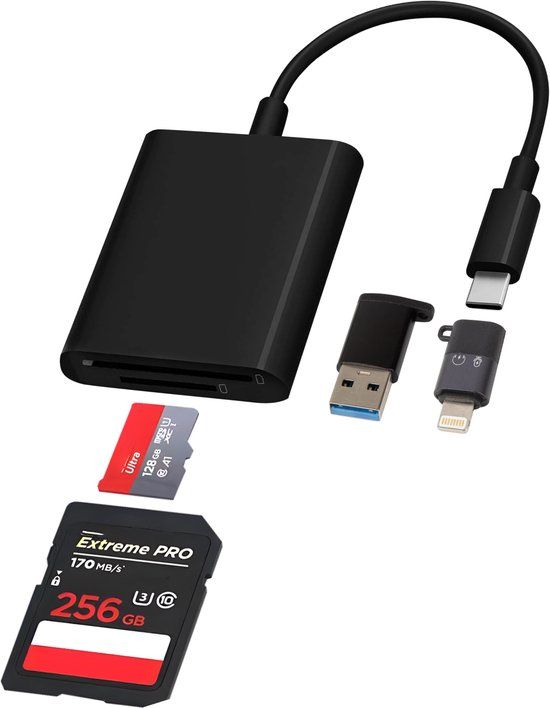 Nuvance SD Kaartlezer USB C - Card Reader - Incl. USB & 8-Pin Converters - Geheugenkaartlezer Micro SD - Zwart