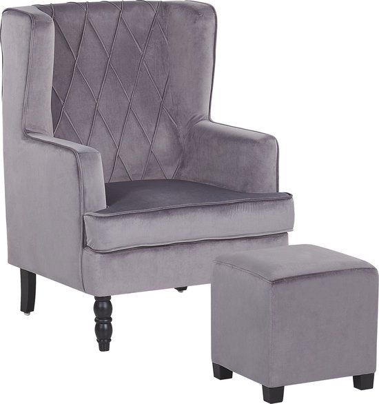Beliani SANDSET - Retro Fauteuil - Grijs Fluweel - Met Hocker - 72x75x101 cm