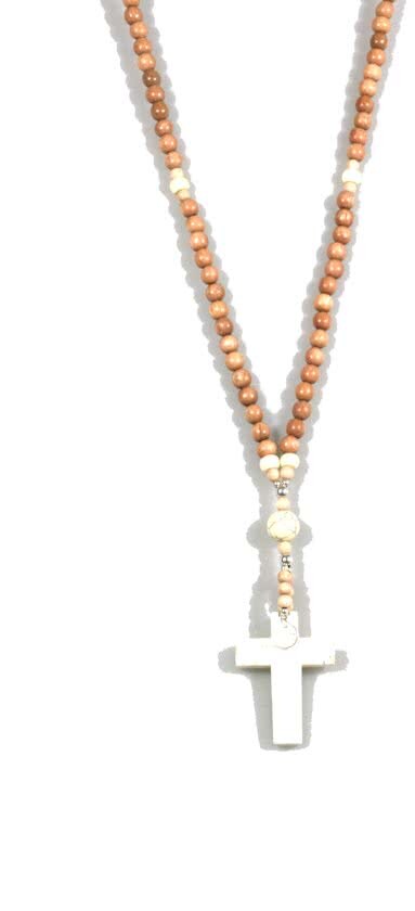 Heaven Eleven - dames ketting - ibiza - kralenketting naturel hout met een wit groot stenen kruis- 100cm