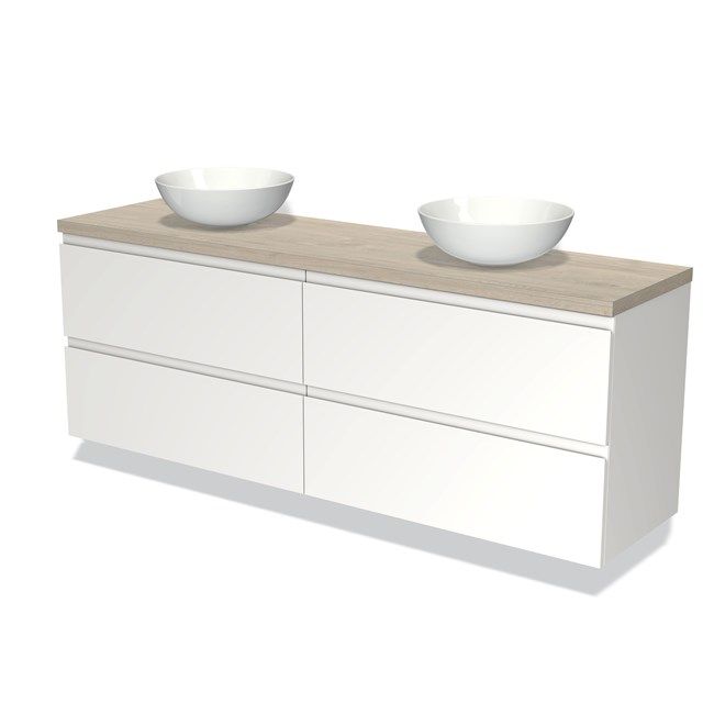 Maxaro Badkamermeubel Modulo Plato 180cm - Mat Wit - 4 Lades - Greeploos - Lichtgrijs Eiken Blad