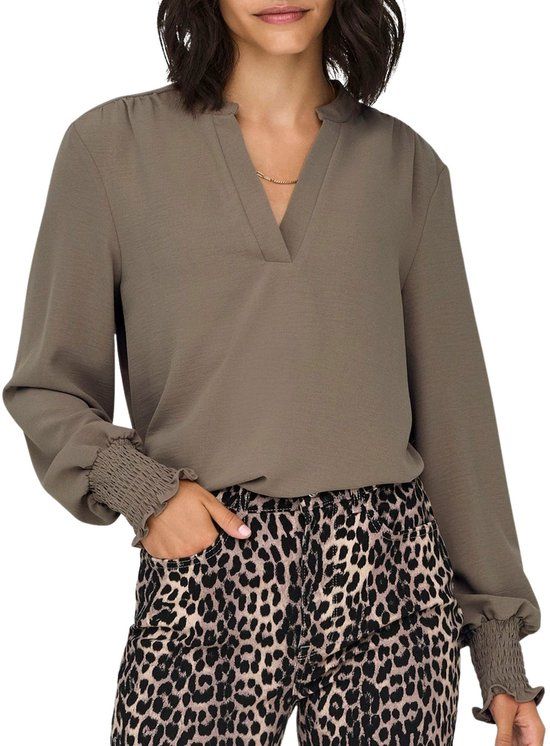 ONLY Mette Blouse Dames - Maat S - Bruin - Lange mouw - V-hals - Polyester - Casual