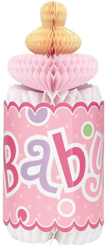 UNIQUE - Roze babyfles honingraat tafeldecoratie babyborrel, 29 cm