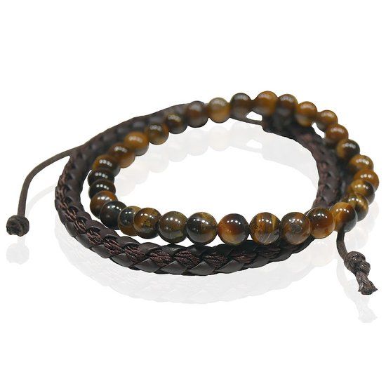 LGT JWLS Natuursteen en Leren Armbandenset - Bruin - Heren Sieraden - Tijgeroog en Leder