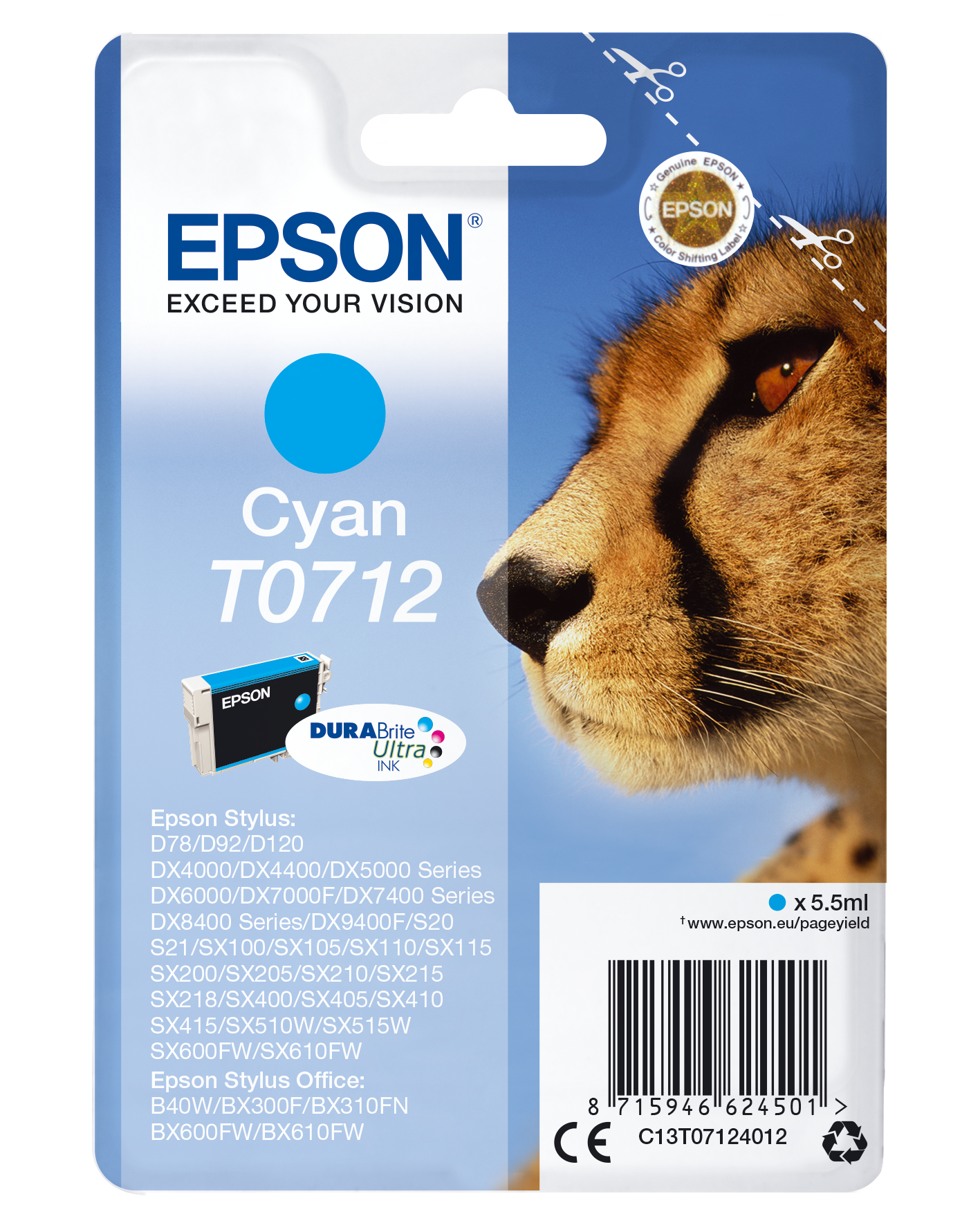 Epson Cheetah Singlepack Cyan T0712 DURABrite Ultra Ink single pack / cyaan