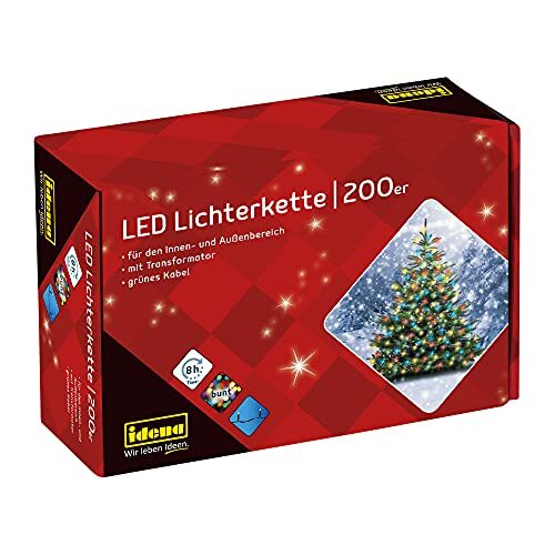 Idena 8325068 LED-lichtketting met 200 Kleurrijke LEDs, 8 uur Timerfunctie, Binnen en Buiten, ca. 27,9 m Lang