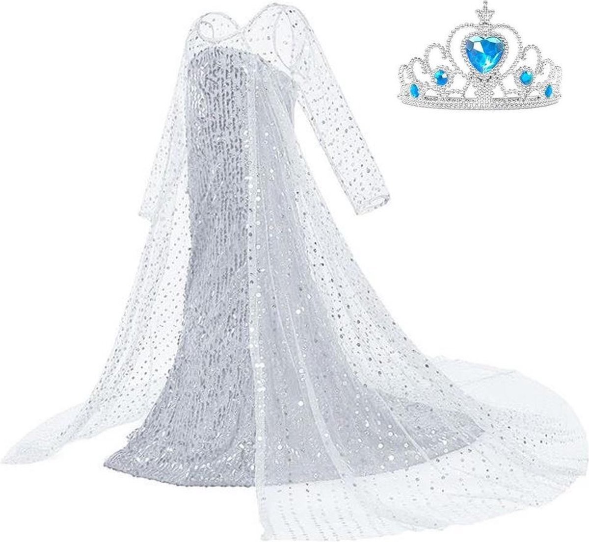 Spaansejurk NL Frozen 2 Elsa jurk IJskoningin Deluxe met lange sleep 128-134 (140) + kroon Prinsessen jurk verkleedkleding