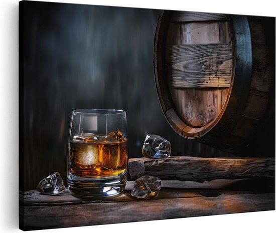 Artaza Canvas Schilderij Glas Whisky met IJsblokjes en een Houten Vat - 120x80 - Foto Op Canvas