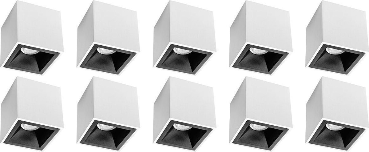 Qualu Opbouwspot 10 Pack - Proma Cliron Pro - GU10 Fitting - Opbouw Vierkant - Mat Wit/Zwart - Aluminium - Verdiept - Ø90mm