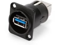 Neutrik Omkeerbare USB 3.0 gender changer met type A en B aansluiting, zwarte D-behuizing voor paneelmontage in audio- en datasystemen, patchkasten, computers en professionele toepassingen