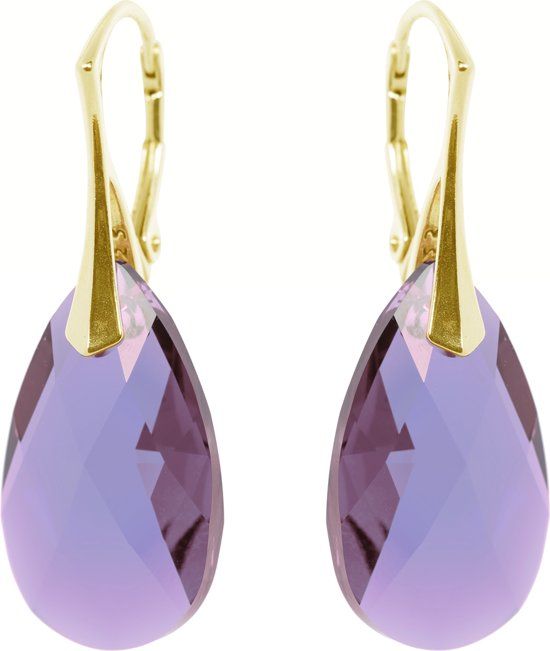 DBD Zilveren Goudkleurige Oorbellen met Swarovski Elements Tanzanite 22MM - 8719497693382