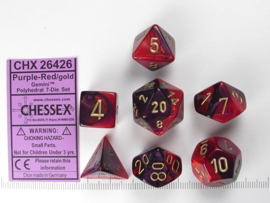 Chessex dobbelstenen set 7 polydice Gemini purple-red w/gold