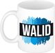 Bellatio Decorations Decorations Bellatio Walid naam cadeau koffie mok - beker - met blauw verfstrepen - Cadeau collega - vaderdag - verjaardag - meester - coach - 300 ml - wit