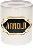 Bellatio Decorations Spaarpot met voornaam Arnold - wit - met goud/zwart embleem - 8 x 9 cm - keramiek - met afsluitdop - cadeau verjaardag