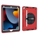 Case Big Red Case voor iPad 10.2 Inch 9e/8e/7e generatie 2021/2020/2019 met 3-in-1 ontwerp, Minimalistische schokbestendige hoes met pen opknoping en 360 graden draaibare standaard polsband