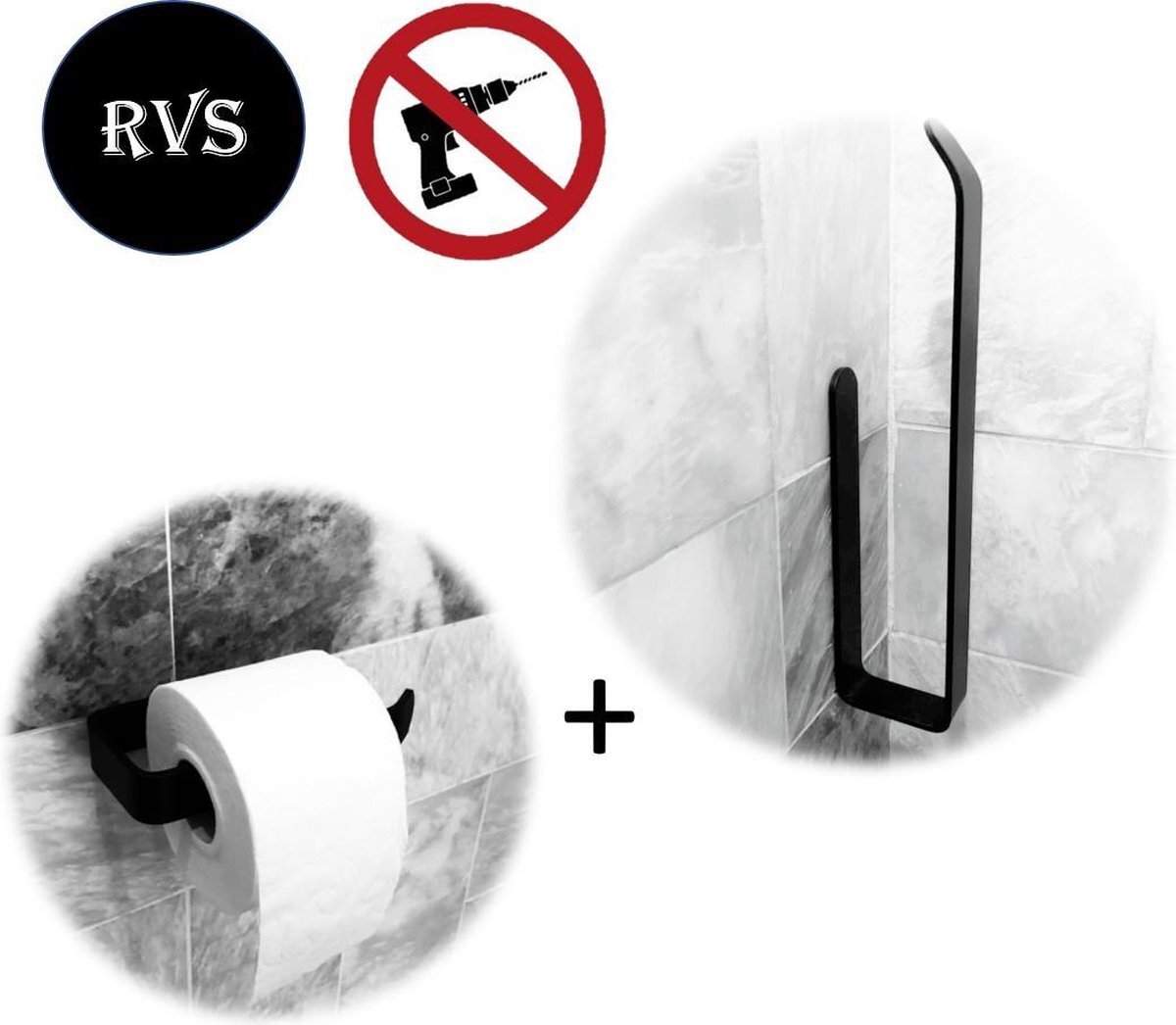 Rh!no® Toiletrolhouder zonder boren | RVS Zwart Rh!no | Wc rolhouder + Reserverolhouder set| Closetrolhouder | Zelfklevend |