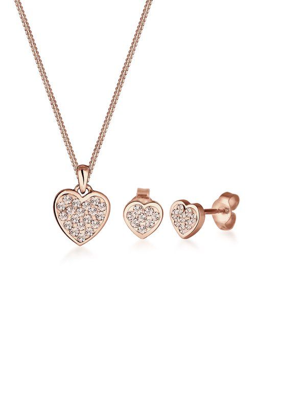Elli Dames Sieraden Set - Hart met Kristallen - 925 Sterling Zilver - Roségoud Verguld