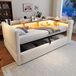 OKWISH Slaapbank 90 x 190 cm - Beige Stof - Met Hydraulische Opbergruimte, LED-Verlichting En Stopcontacten