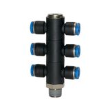 Riegler T-meervoudige verdeler »Blaue serie«, 6-voudig, draaibaar, R 1/8 a., voor slot-buiten-Ø 6 mm, werkdr. Maximale 15 bar, kunststof/MS vern.